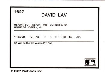 1987 ProCards #1627 David Lau Back