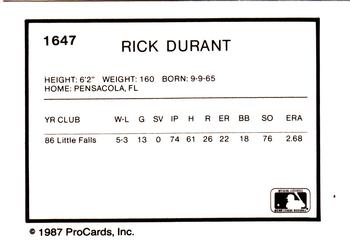 1987 ProCards #1647 Rick Durant Back
