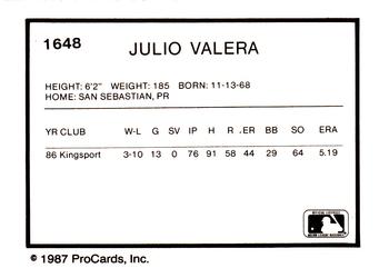 1987 ProCards #1648 Julio Valera Back