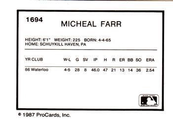 1987 ProCards #1694 Michael Farr Back
