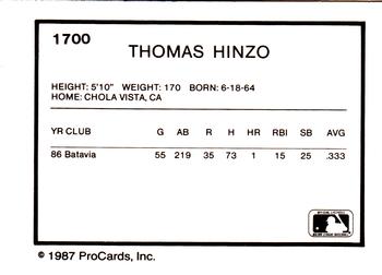 1987 ProCards #1700 Tommy Hinzo Back
