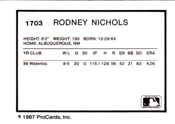 1987 ProCards #1703 Rodney Nichols Back