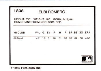 1987 ProCards #1808 Elbi Romero Back