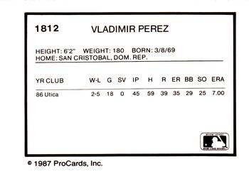 1987 ProCards #1812 Vladimir Perez Back