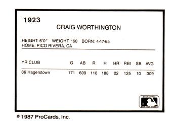 1987 ProCards #1923 Craig Worthington Back