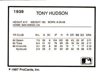 1987 ProCards #1939 Tony Hudson Back
