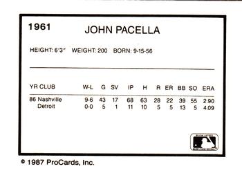 1987 ProCards #1961 John Pacella Back
