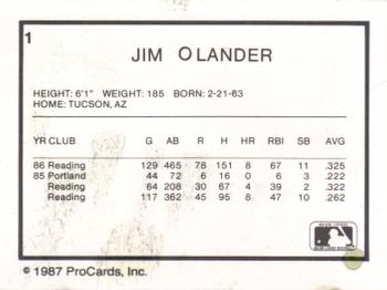 1987 ProCards #1 Jim Olander Back