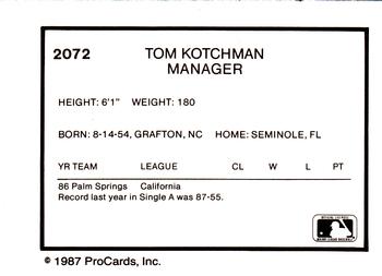 1987 ProCards #2072 Tom Kotchman Back