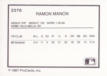 1987 ProCards #2276 Ramon Manon Back