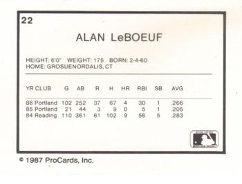 1987 ProCards #22 Alan LeBoeuf Back