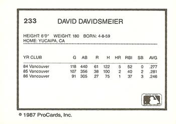 1987 ProCards #233 Dan Davidsmeier Back