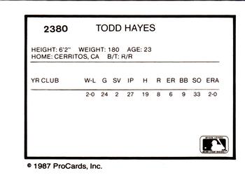 1987 ProCards #2380 Todd Hayes Back