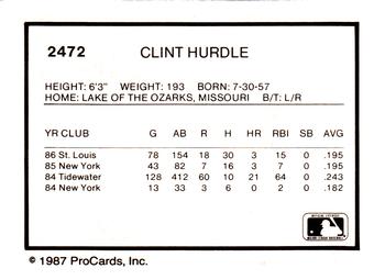 1987 ProCards #2472 Clint Hurdle Back