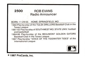1987 ProCards #2500 Rob Evans Back