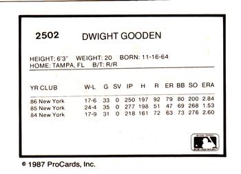 1987 ProCards #2502 Dwight Gooden Back