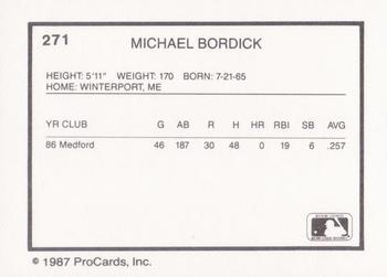 1987 ProCards #271 Mike Bordick Back