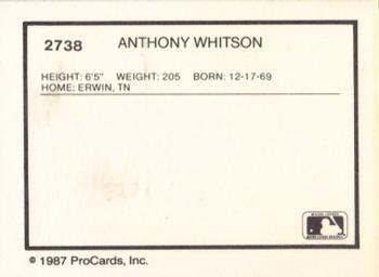 1987 ProCards #2738 Anthony Whitson Back