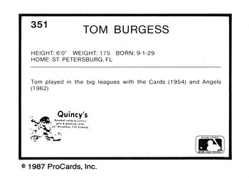 1987 ProCards #351 Tom Burgess Back