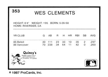1987 ProCards #353 Wes Clements Back