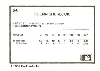 1987 ProCards #26 Glenn Sherlock Back