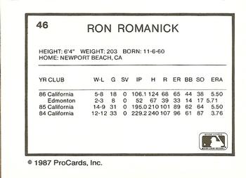 1987 ProCards #46 Ron Romanick Back