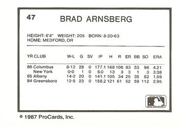1987 ProCards #47 Brad Arnsberg Back
