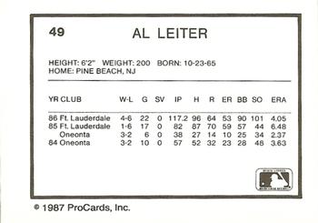 1987 ProCards #49 Al Leiter Back