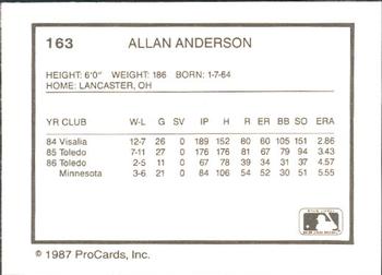 1987 ProCards #163 Allan Anderson Back