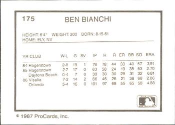1987 ProCards #175 Ben Bianchi Back