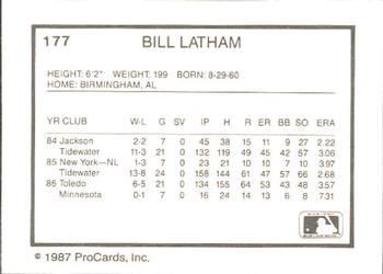 1987 ProCards #177 Bill Latham Back