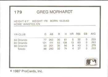1987 ProCards #179 Greg Morhardt Back