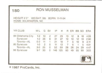 1987 ProCards #180 Ron Musselman Back