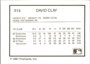 1987 ProCards #212 David Clay Back