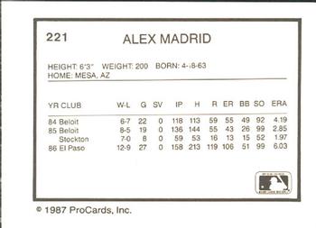 1987 ProCards #221 Alex Madrid Back