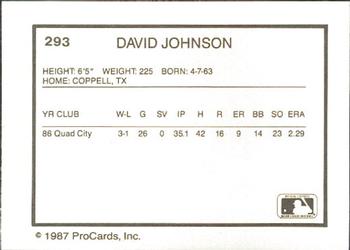 1987 ProCards #293 David Johnson Back
