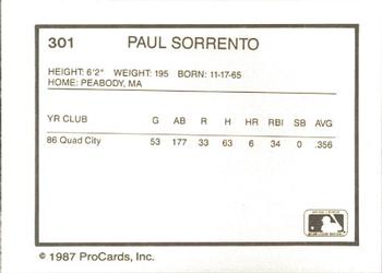1987 ProCards #301 Paul Sorrento Back