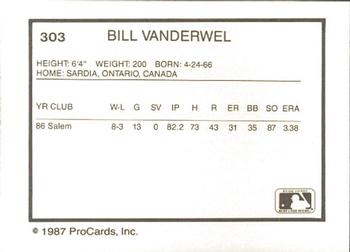 1987 ProCards #303 Bill Vanderwel Back