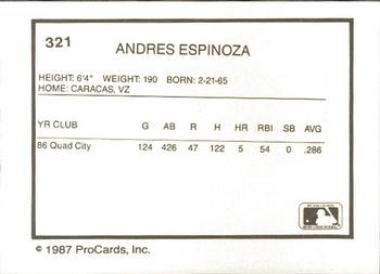 1987 ProCards #321 Andres Espinoza Back