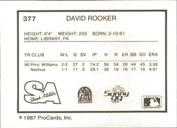 1987 ProCards #377 David Rooker Back