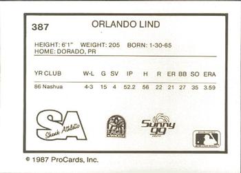 1987 ProCards #387 Orlando Lind Back