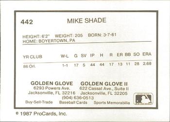 1987 ProCards #442 Mike Shade Back