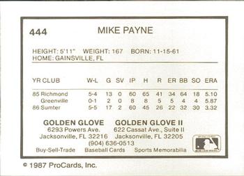 1987 ProCards #444 Mike Payne Back