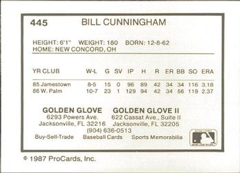 1987 ProCards #445 Bill Cunningham Back