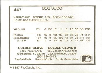 1987 ProCards #447 Bob Sudo Back