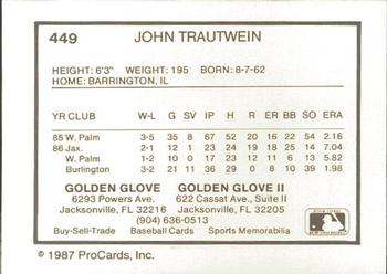1987 ProCards #449 John Trautwein Back