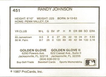 1987 ProCards #451 Randy Johnson Back