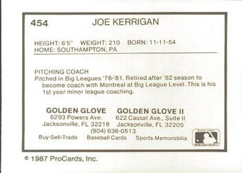 1987 ProCards #454 Joe Kerrigan Back