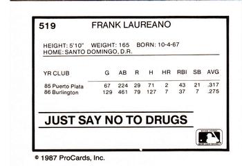 1987 ProCards #519 Frank Laureano Back
