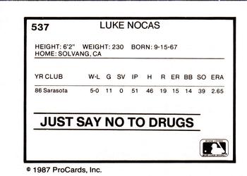 1987 ProCards #537 Luke Nocas Back